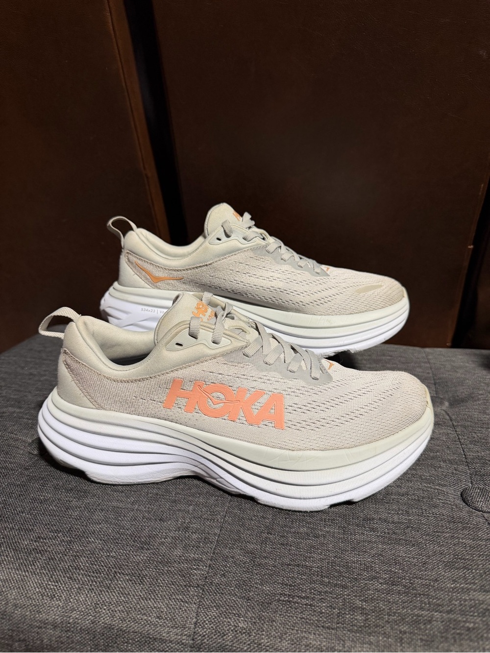 Hoka Women's 7.5B Neutral Trainer in Light Beige with Peach Logo - Picture 3 of 10